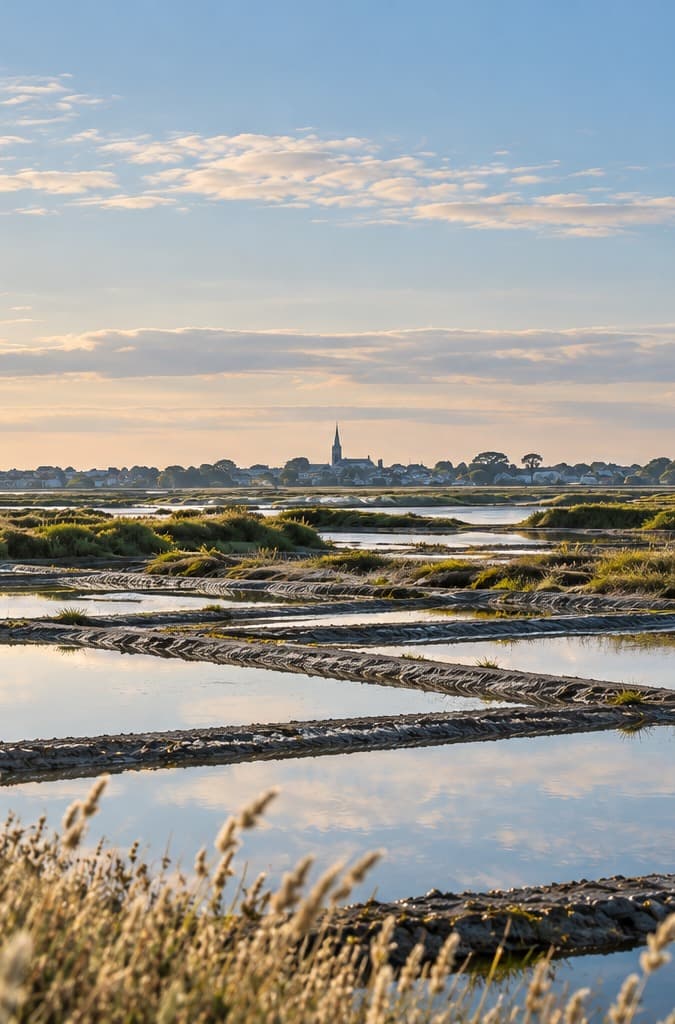 Les marais salants de Guérande au lever du soleil, avec la ville à l’horizon
