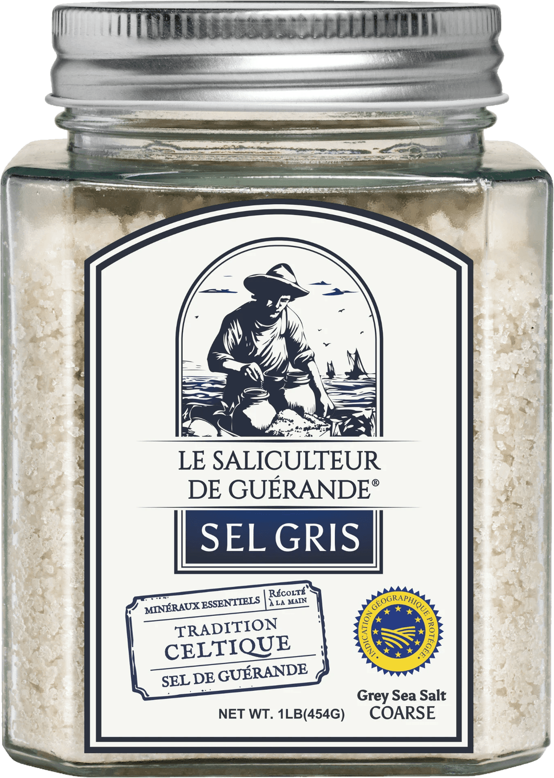 Gros sel gris Le Saliculteur de Guérande, sel marin celtique, bocal en verre de 454 g