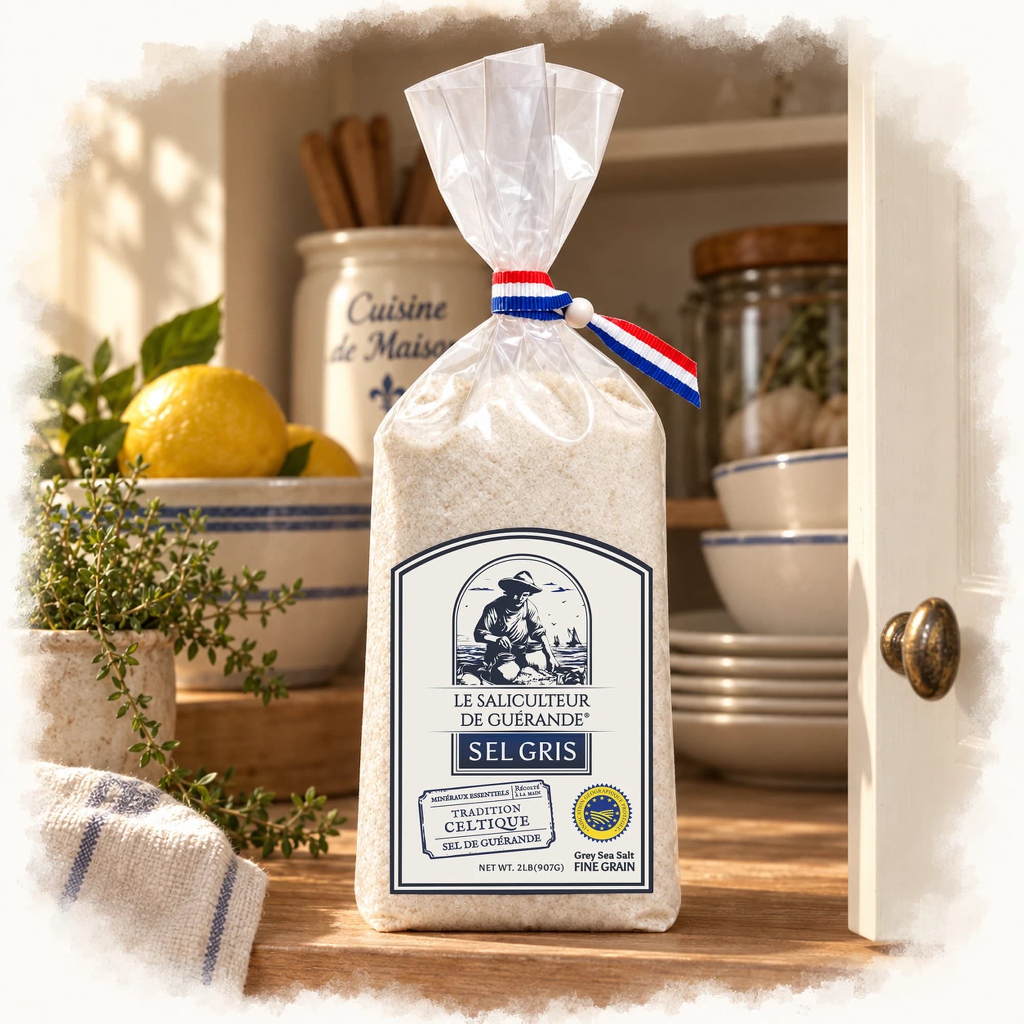 Sel celtique fin Le Saliculteur de Guérande, sachet de 907 g sur une étagère de cuisine avec des citrons, des herbes et un placard