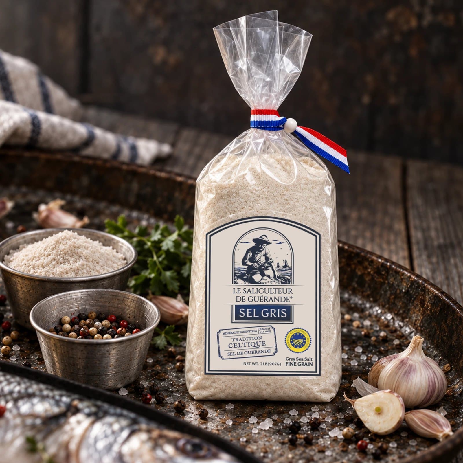 Le sachet de 907 g de sel fin gris sur un plateau rustique avec de l’ail, du poivre, du persil et du poisson