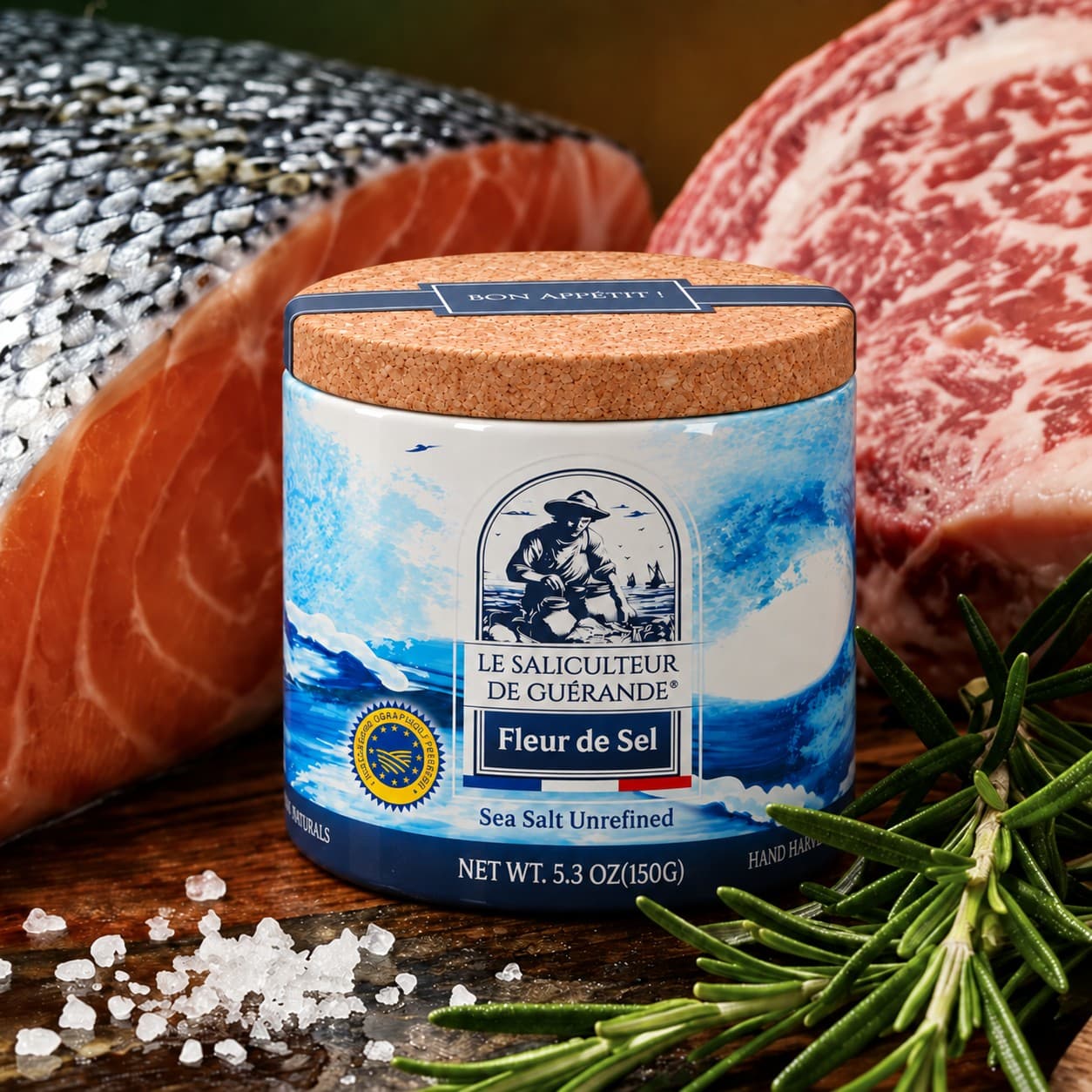 Le tube de fleur de sel de 150 g à côté d’un pavé de saumon, d’une pièce de bœuf et de romarin