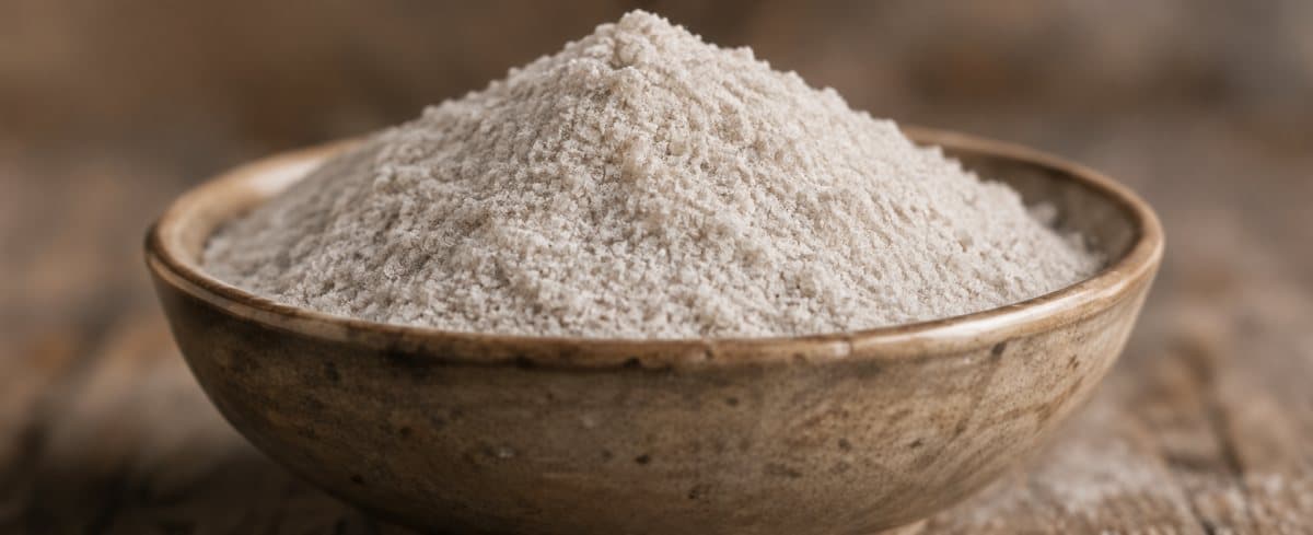A wooden bowl of fine grey salt