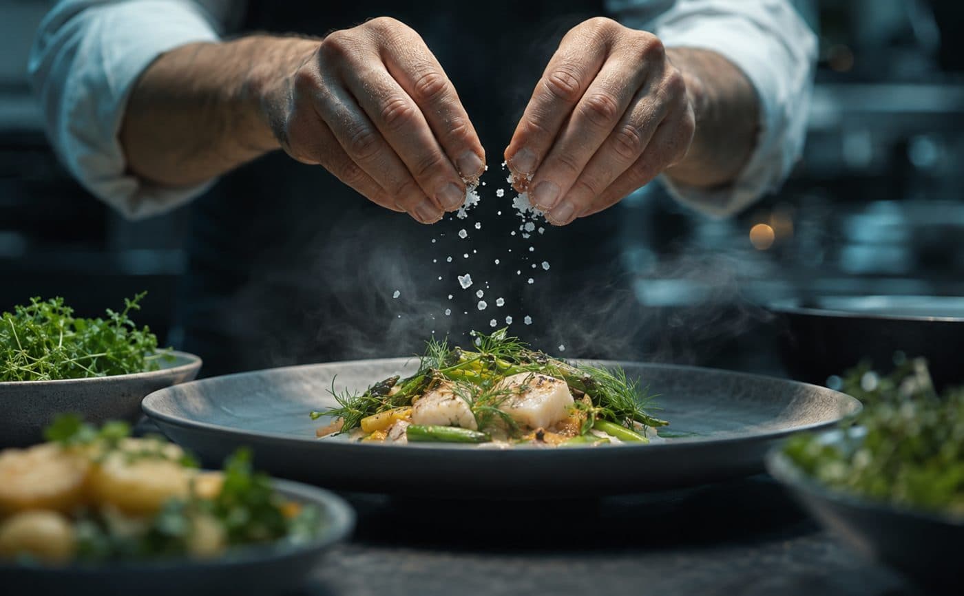 A chef finishing a plated dish with a pinch of Fleur de Sel