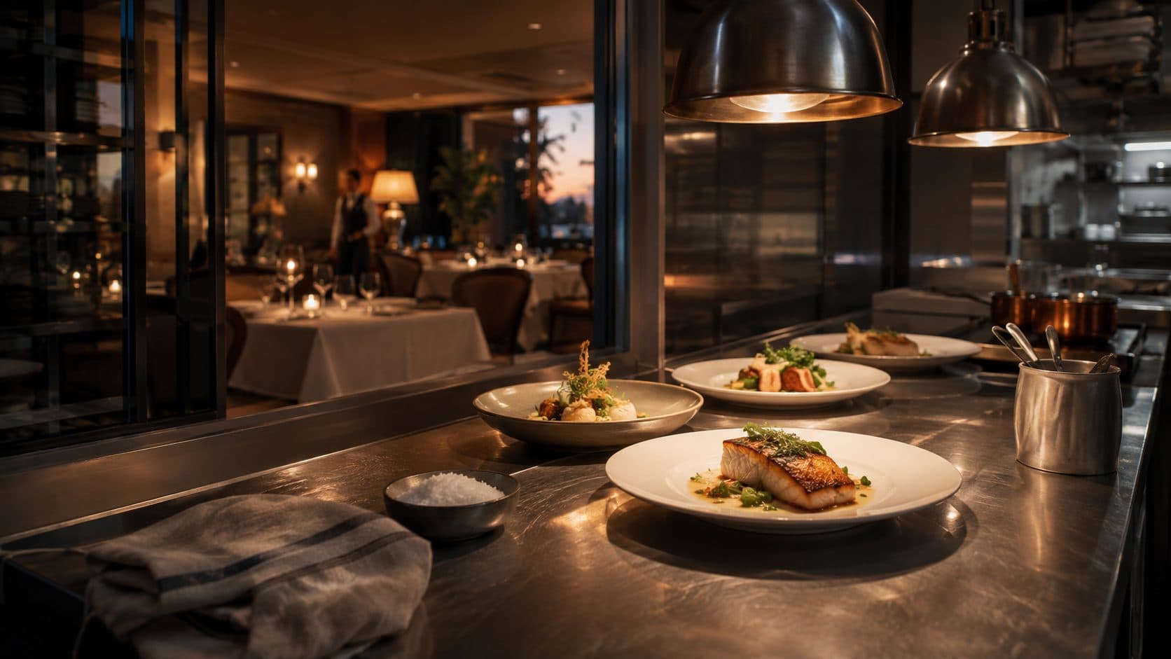 A restaurant kitchen pass with plated fish and a bowl of Guérande salt