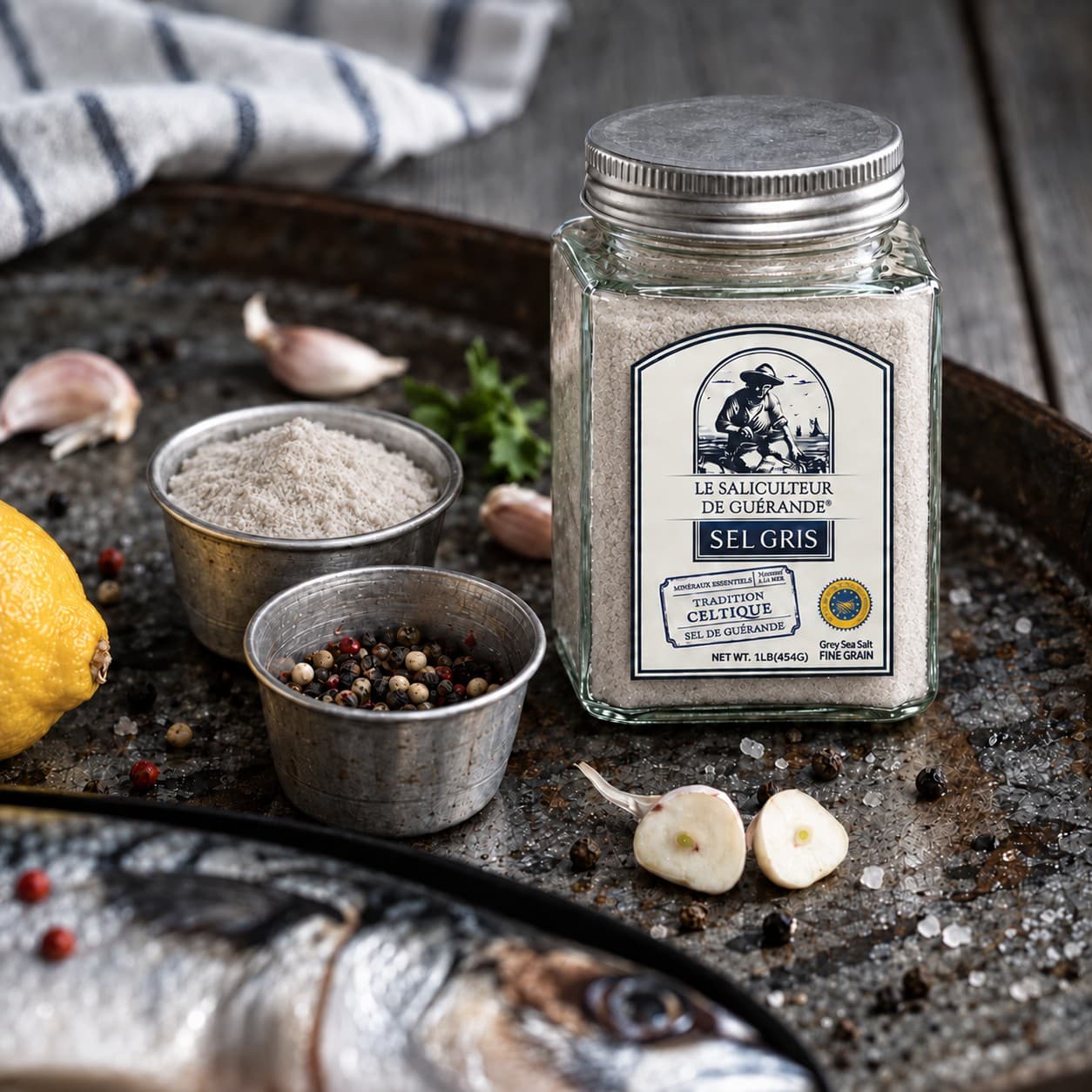 Le bocal de sel celtique fin avec de l’ail, du citron, des grains de poivre et du poisson sur un plateau rustique