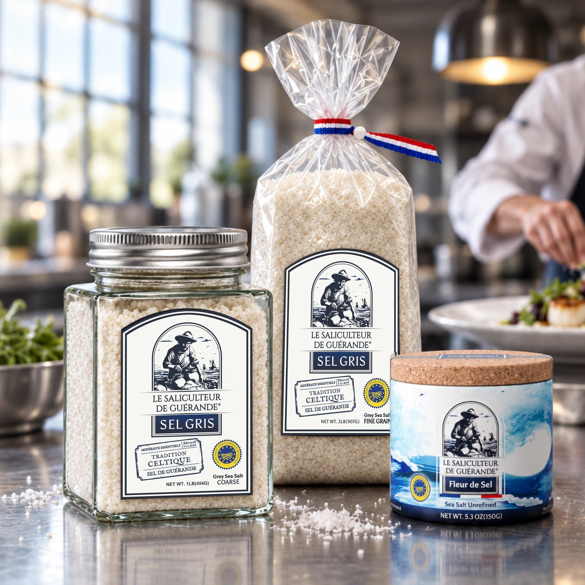 Celtic Salt in a glass jar, a bag and a Fleur de Sel tube on a chef’s counter
