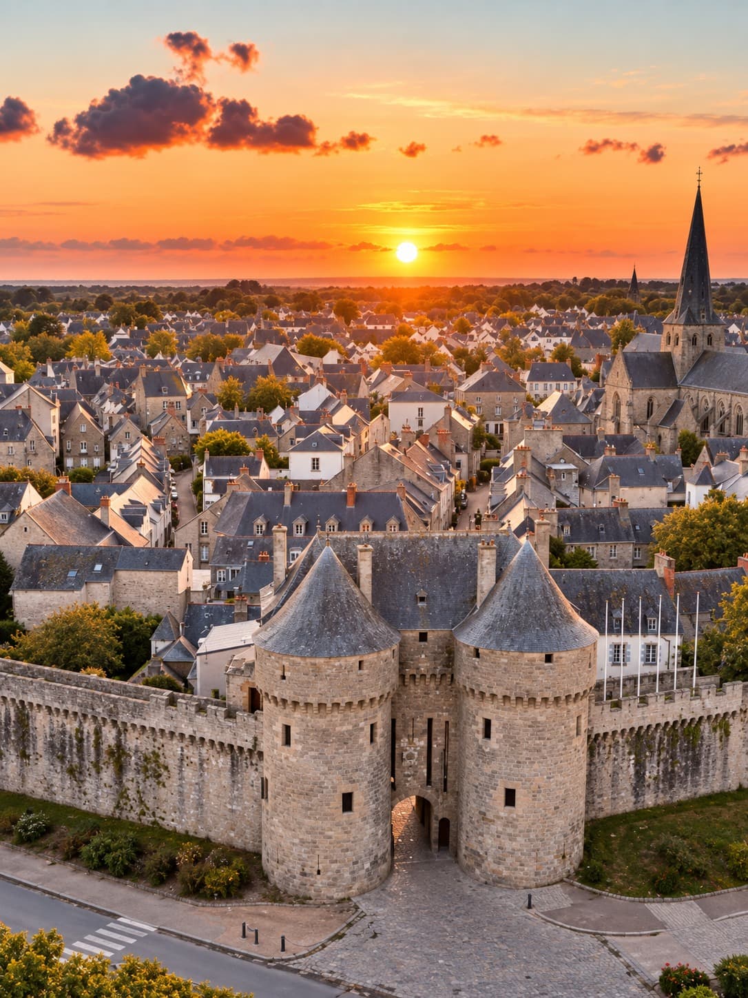 Vue aérienne de la cité médiévale de Guérande au coucher du soleil